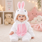 Baby wearing a white rabbit hooded onesie