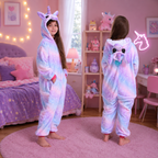 Child wearing a purple unicorn fleece onesie