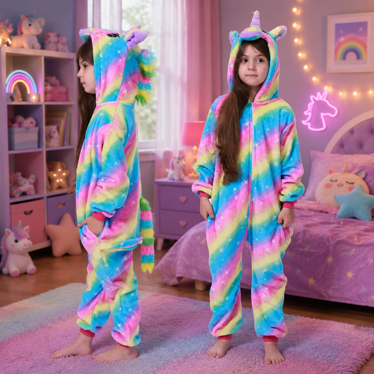Child wearing a colorful unicorn onesie in a bedroom with pink decor.