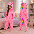 Child wearing a rainbow unicorn printed onesie