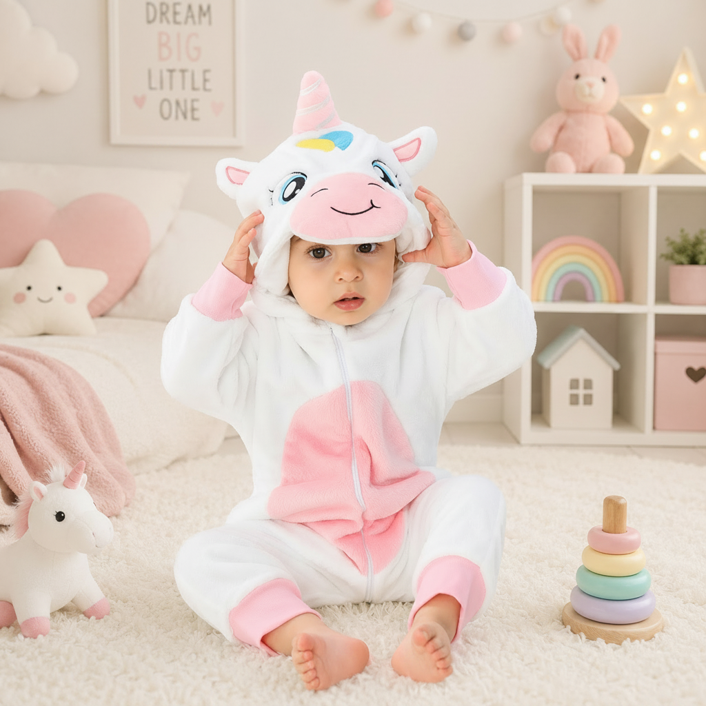 Child wearing a unicorn onesie in a cozy room with toys and decorations.